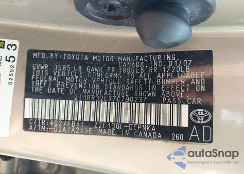 2007 Toyota Corolla Le z USA, uszkodzony, nr VIN 2T1BR32EX7C790237